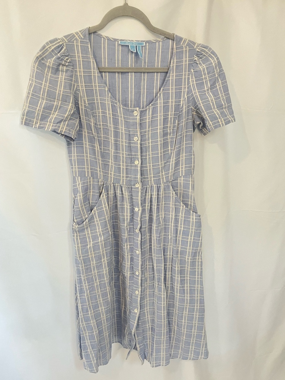 Draper James Light Blue Plaid Midi Dress with Puff Sleeves